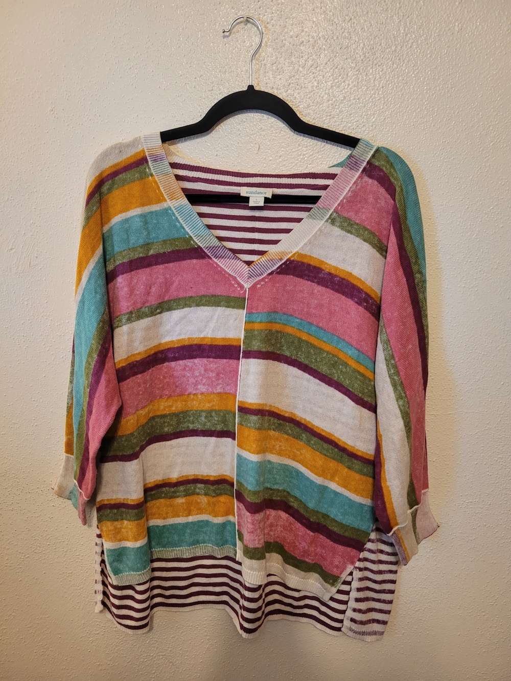 Sundance Johanna Striped Sweater Large Multicolor Cotton V Neck Boho Dolman